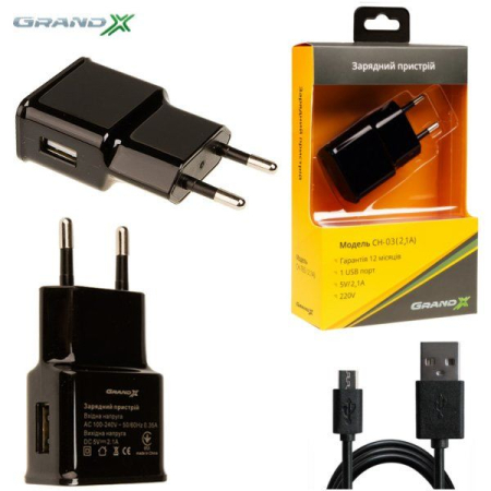 Grand-X CH-03 USB 5V 2,1A + кабель 2.1А, Micro USB, Black