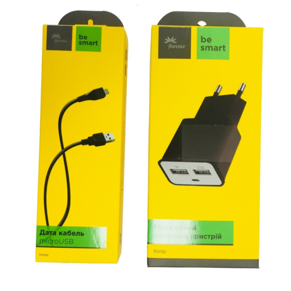 СЗУ Florence 2USB (2A+1A) + cable microUSB 1000mA Promo Pack White